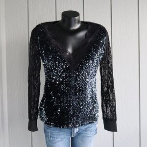 SHEILAY Sequin and Lace Long Sleeve Top